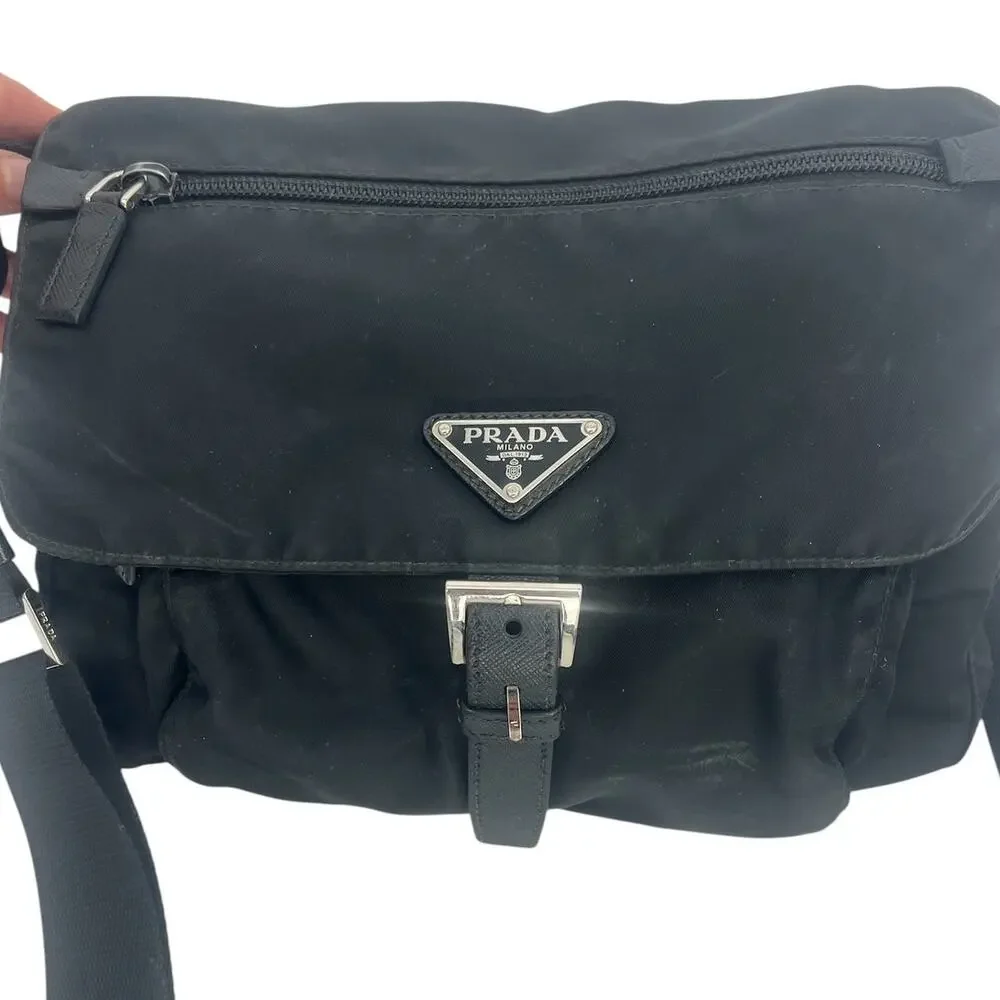 Prada Black Nylon Logo Plaque Messenger Crossbody Bag